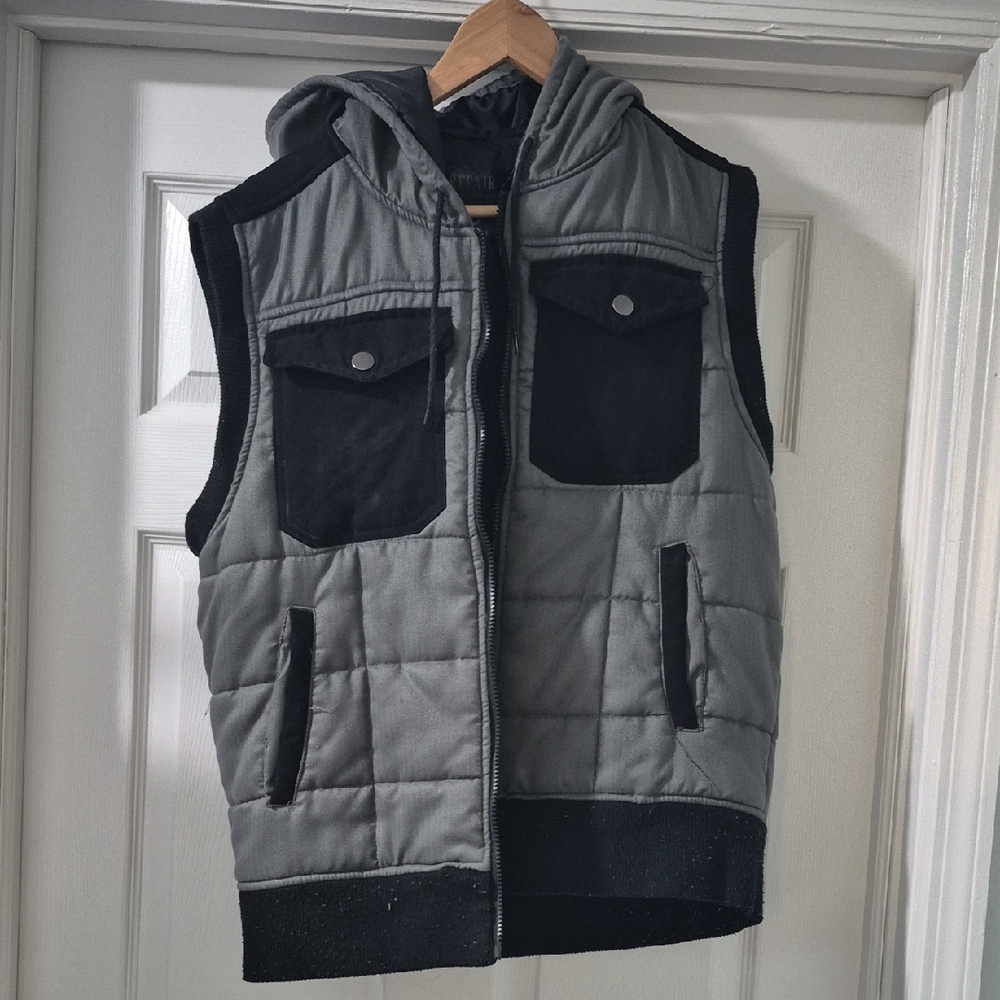 Men's Gray and Black Hooded Vest